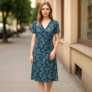 Soft Surroundings Giselle Dress Blue Green Floral Size L Faux Wrap New Flaw